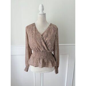 Japna M Leopard Print Long Sleeve Surplice Top With Smocked Waist & Peplum Hem